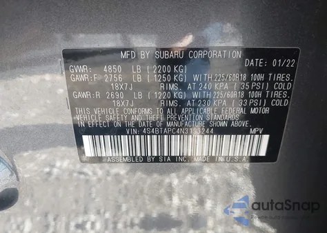 2022 Subaru Outback Touring z USA, uszkodzony, nr VIN 4S4BTAPC4N3193244